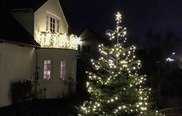 juletræ og altan med udendørs lyskæder