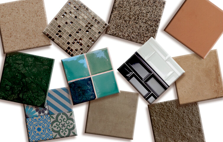 Flisecollage Granit, skifer, travertin, terrazzo, marmor, cement, glasmosaik, terrakotta, beton, uglaserede og glaserede keramiske fliser.