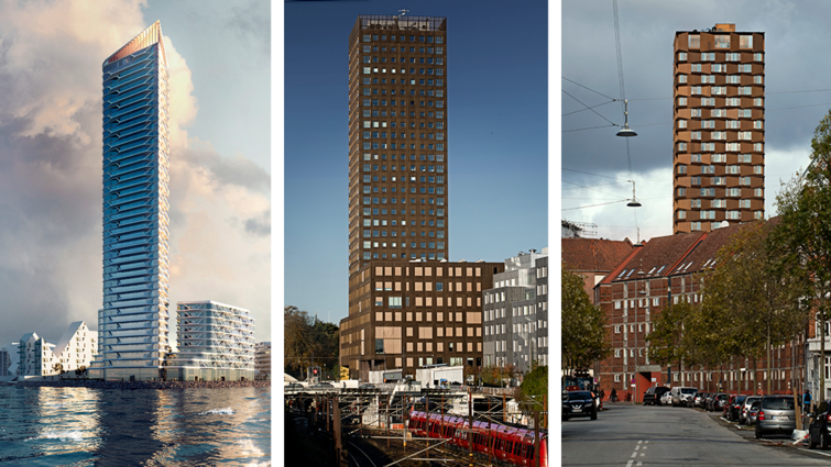 Illustration af det kommende højhus i Aarhus Havn, Lighthouse, samt Bohrs Tårn i Carlsbergbyen og Nordbro på Nørrebro