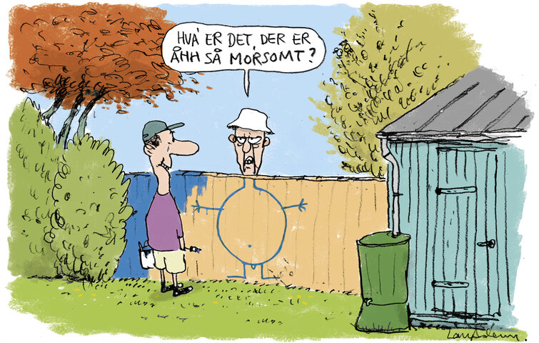 Male fælles hegn eller plankeværk i skel Tegning af mand i færd med at male et plankeværk i skel