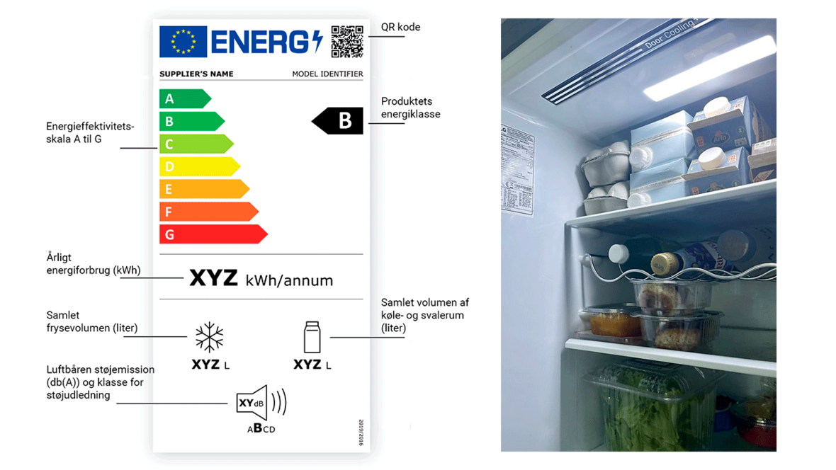 Energimærke køleskab og kølefryseskab, køleskab med produktnummer og modelnummer
