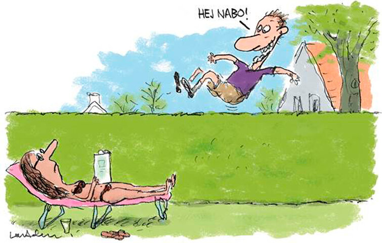 Ingen love siger, at du ikke må kigge ind til naboen, når du hopper på havetrampolin.
Tegning: Lars Andersen