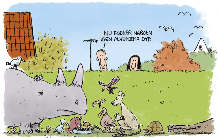 Umiddelbart er der ingen lov, der forbyder dig at at fodre dyr i haven, dog må fodringen ikke skabe tilhør for fugle eller andre omstrejfende dyr.
Illustration: Lars Andersen