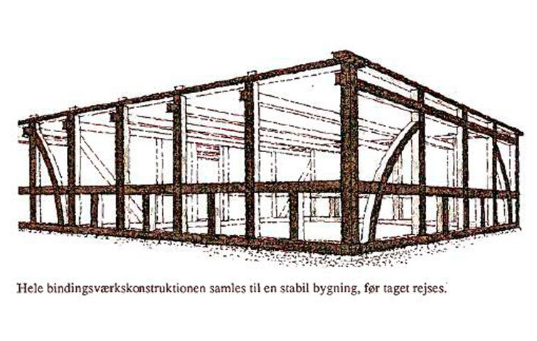 En klassisk bindingsværkskonstruktion - spærfagshus. Illustration fra bogen "Bindingsværkshuset" af Ulf Vejlby.
