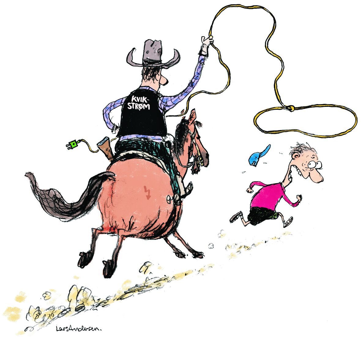 Tegning viser cowboy med påskriften ”Kvikstrøm” på vesten jage mand med lasso