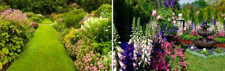 Todelt billede med blomsterbede