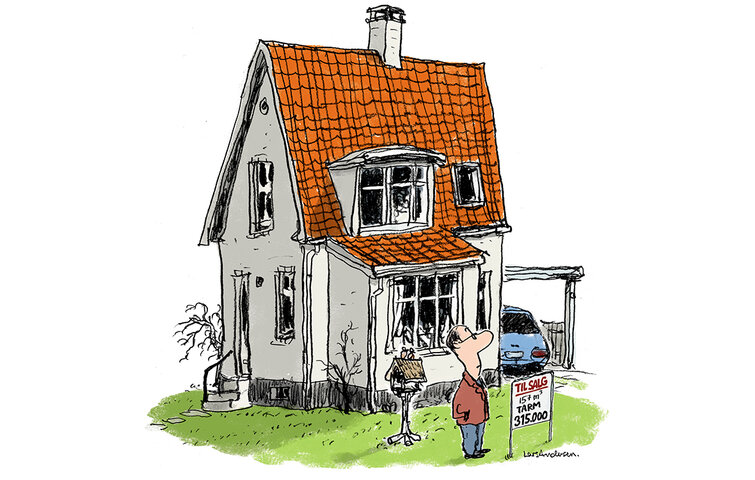 Tegning af mand, der står foran hus med et til salg-skilt, hvor der står: 157 m2, Tarm, 315.000