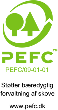 PEFC-logo i grøn med træsymboler og teksten PEFC/09-01-01.