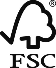 Sort-hvidt FSC-logo med et træsymbol og teksten 'FSC'.