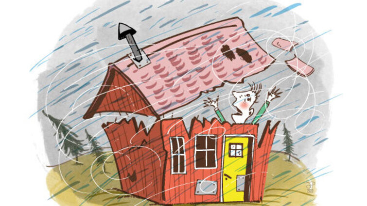 Illustration træhus, hvor taget flyver af