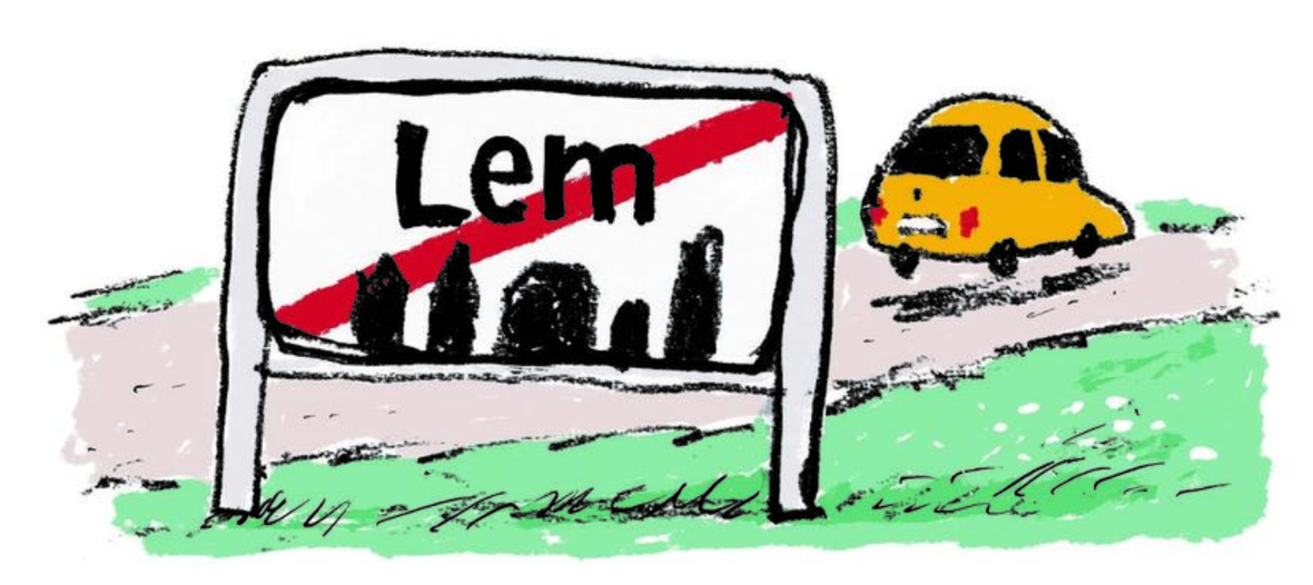 Tegning af byskilt med navnet Lem