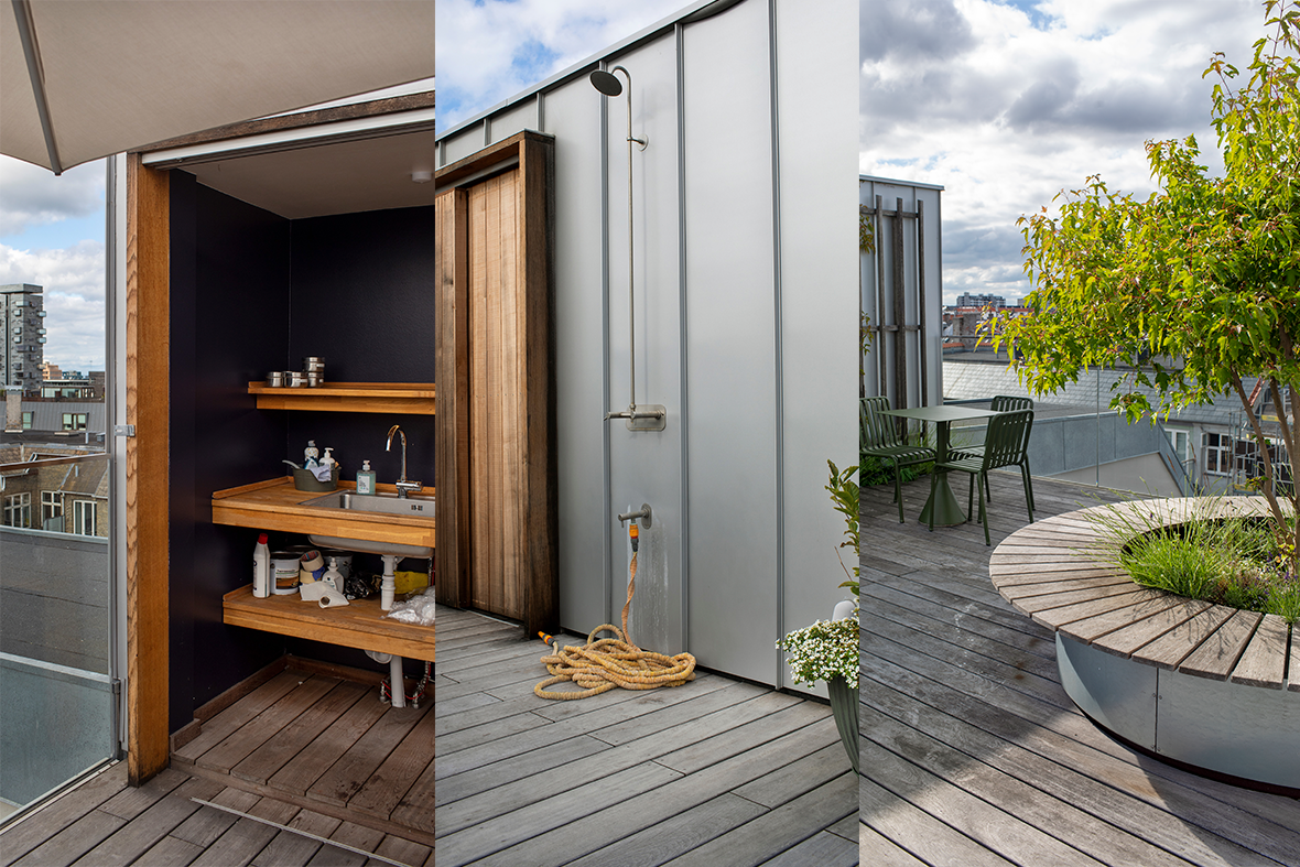 Køkken på tagterrasse, udebruser på tagterrasse og rund bænk på tagterrasse